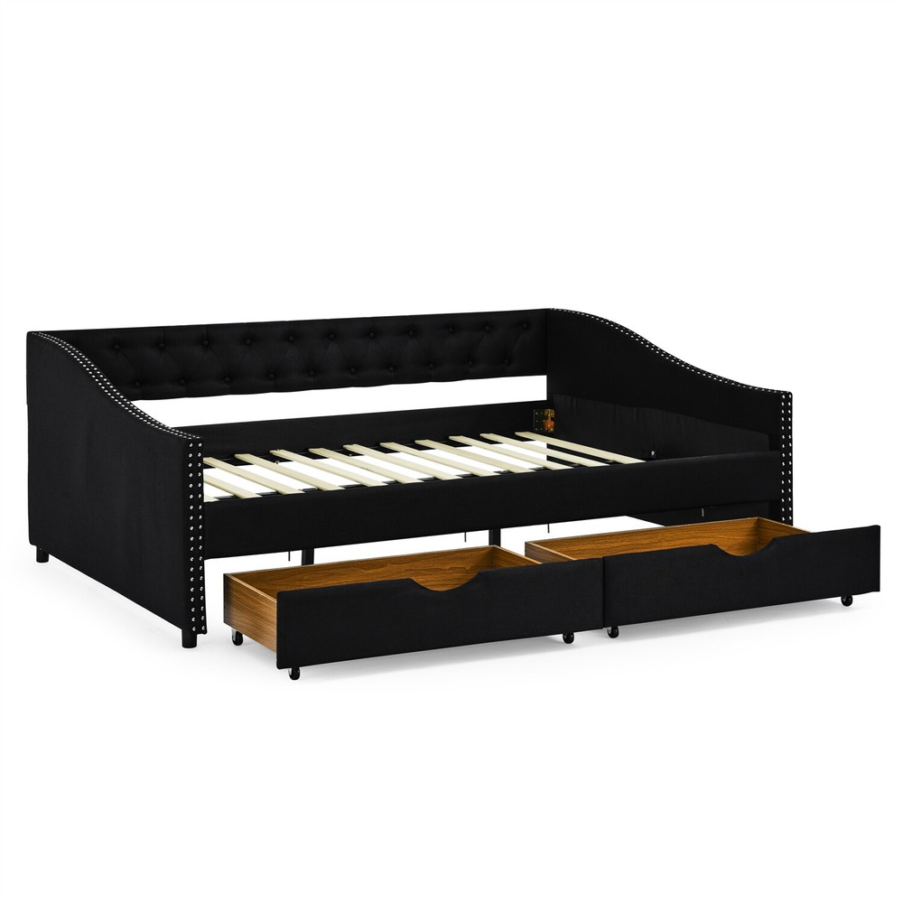 Full Size Daybed Modern Upholstered Bed Frame Sofa Bed w/ 2 Storage Drawers