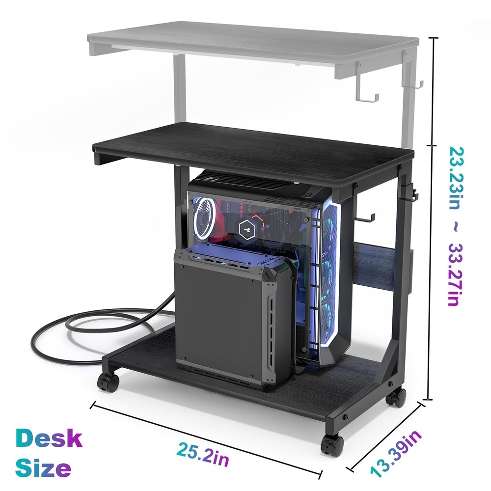 Height Adjustable Computer Tower Stand with Charge Station and 25.2", Black