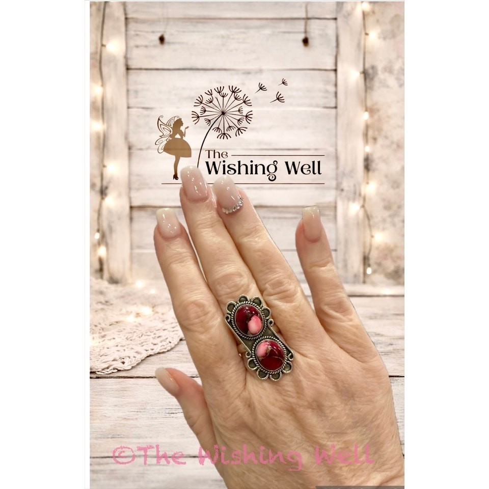 Red Rose Dahlia Two Stone Sterling Boho Ring Size 7