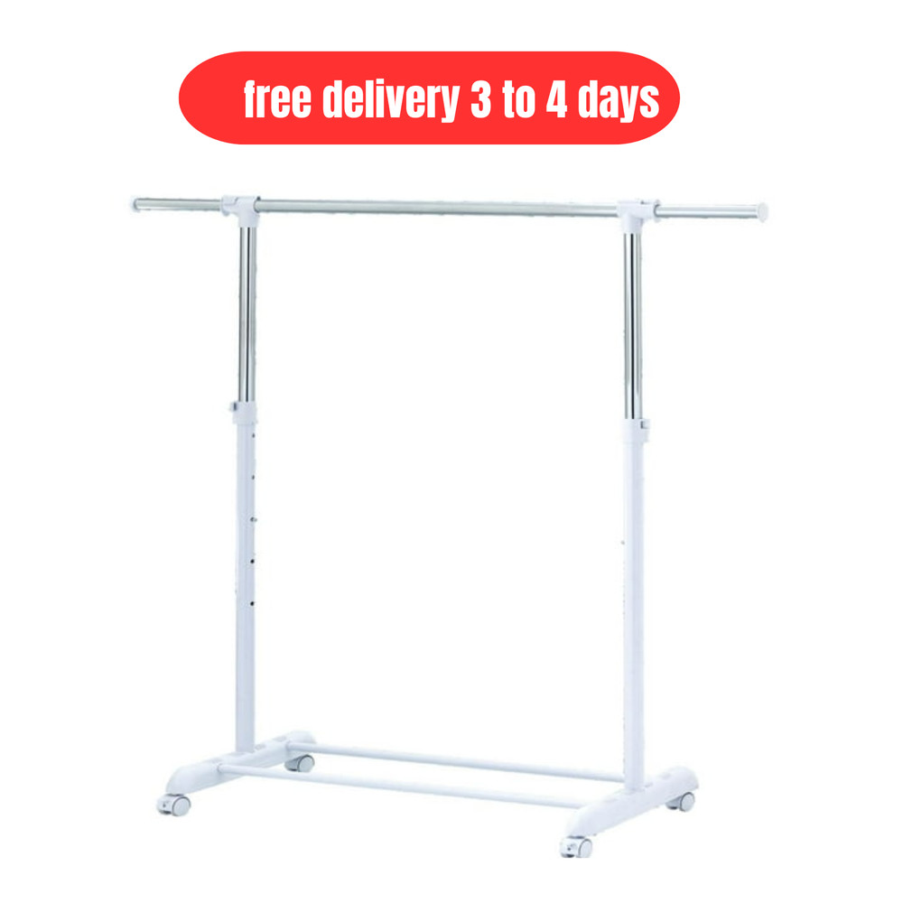 Adjustable Rolling Garment Rack Chrome White Metal Shoe Storage Space Saving NEW