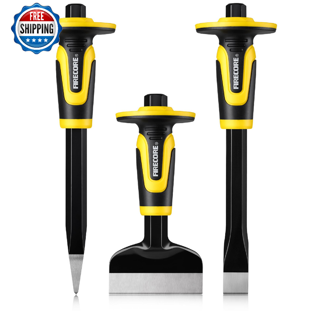 Firecore 3PCS Heavy Duty Masonry Rock Chisel Set w/ Hand Guard - Point & Flat