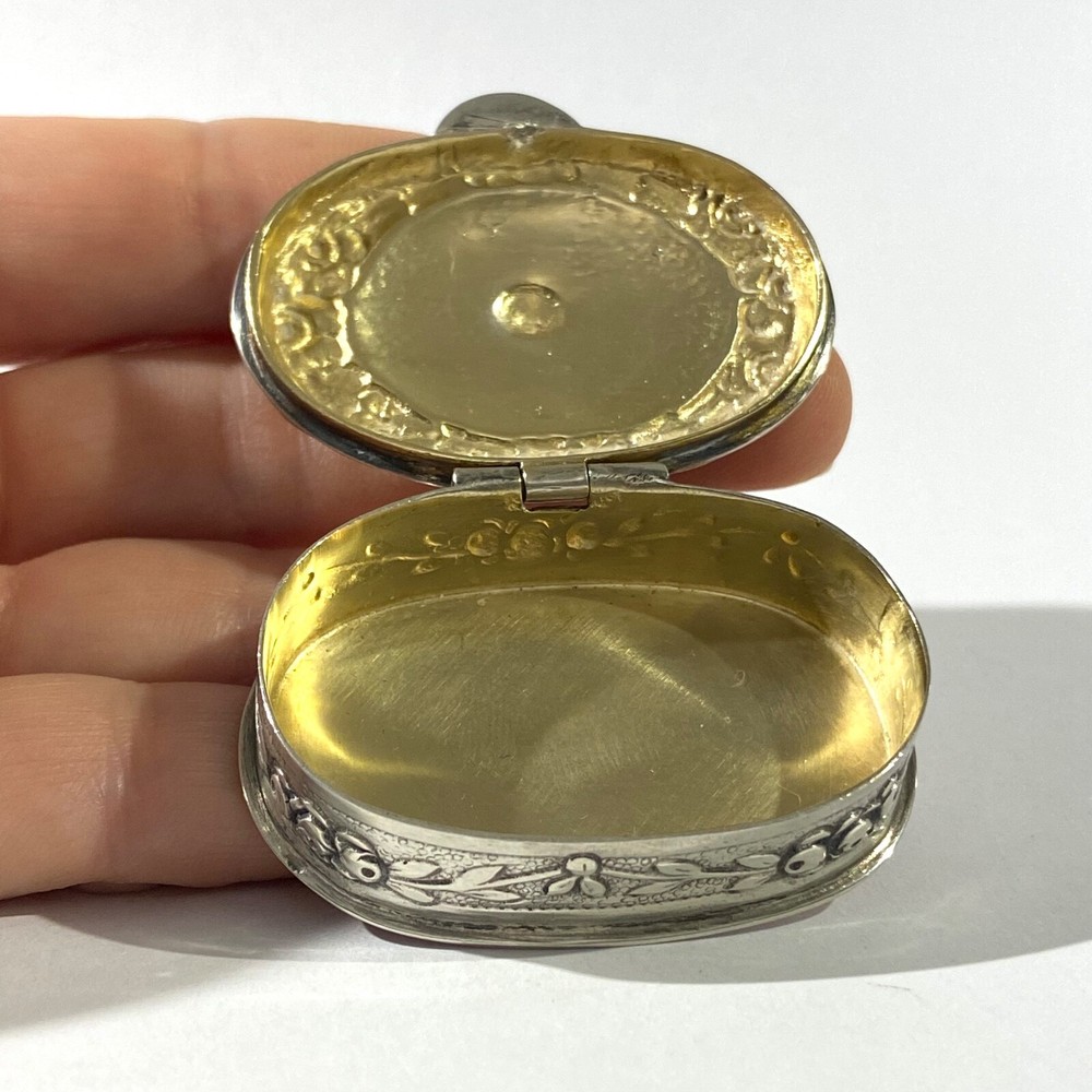 Antique Solid Silver Pillbox , Hallmarked with Floral decorations