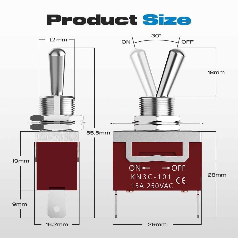 Toggle Switch 12V 30A Heavy Duty ON/Off 2Pin SPST Waterproof Toggle Switch 2Pack