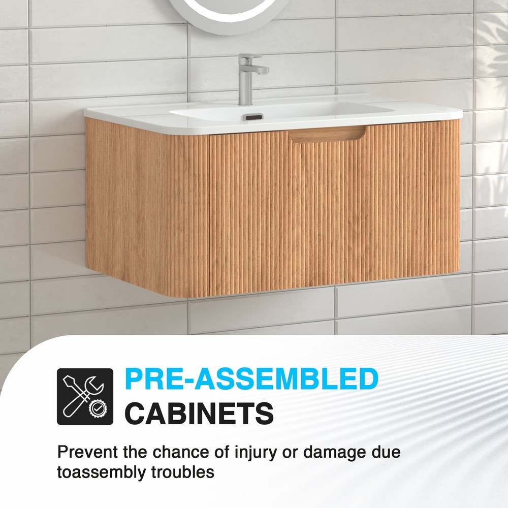 30" Wall-Mounted Floating Solid Wood Bathroom Vanity Pre-Assembled Curved Edge