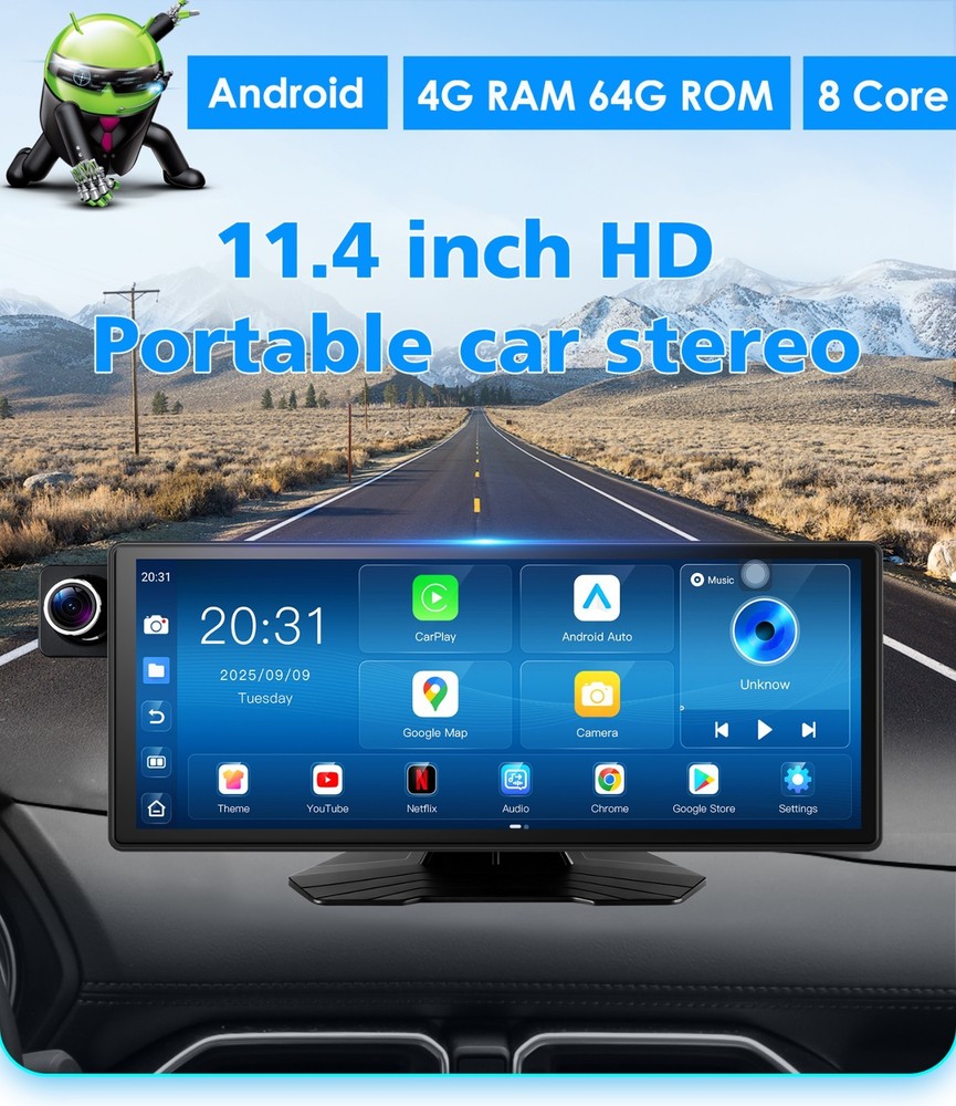 Android Auto Car Play 11.4" Touch Screen Android 14 8 Core 64GB GPS BT5.0 GPS FM