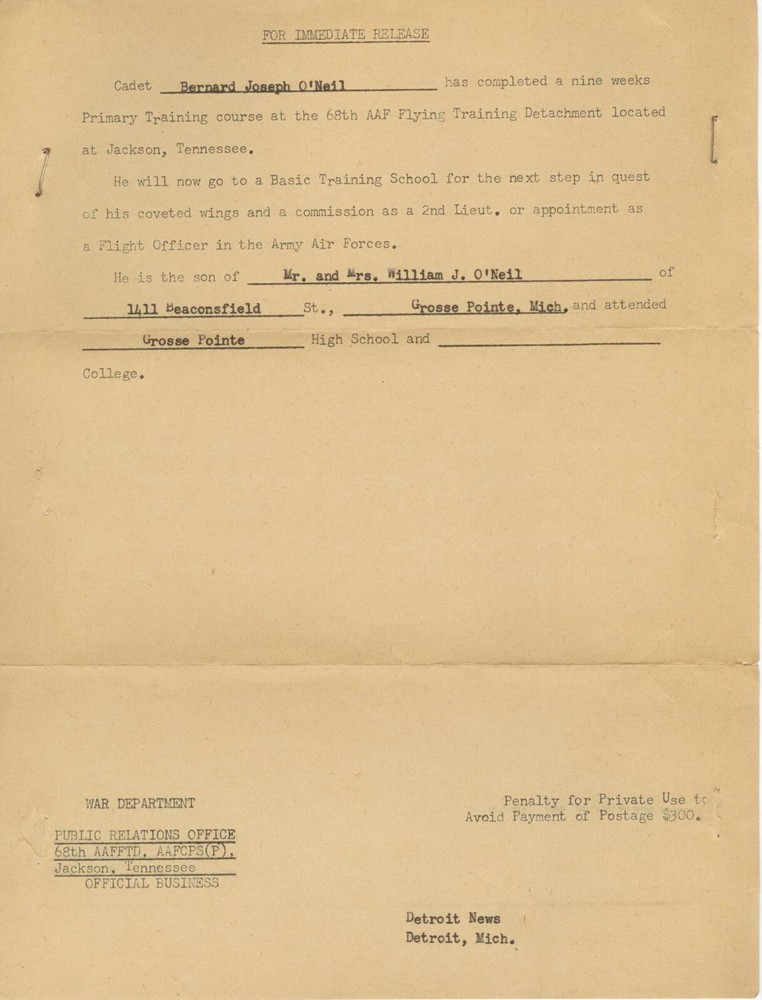 c1942 WWII Bernard Joseph O'Neil 68th AAF Flying Training doc. G P Michigan