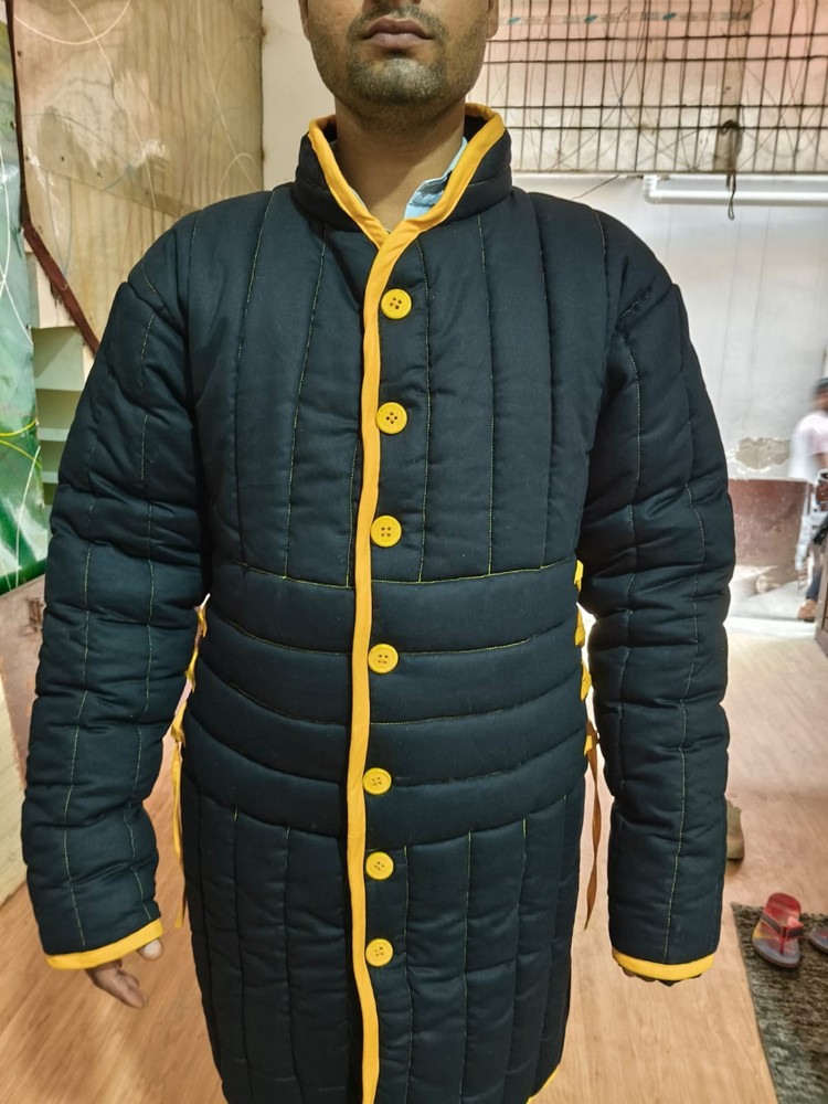 medieval thick padded gambeson black with yellow trim.