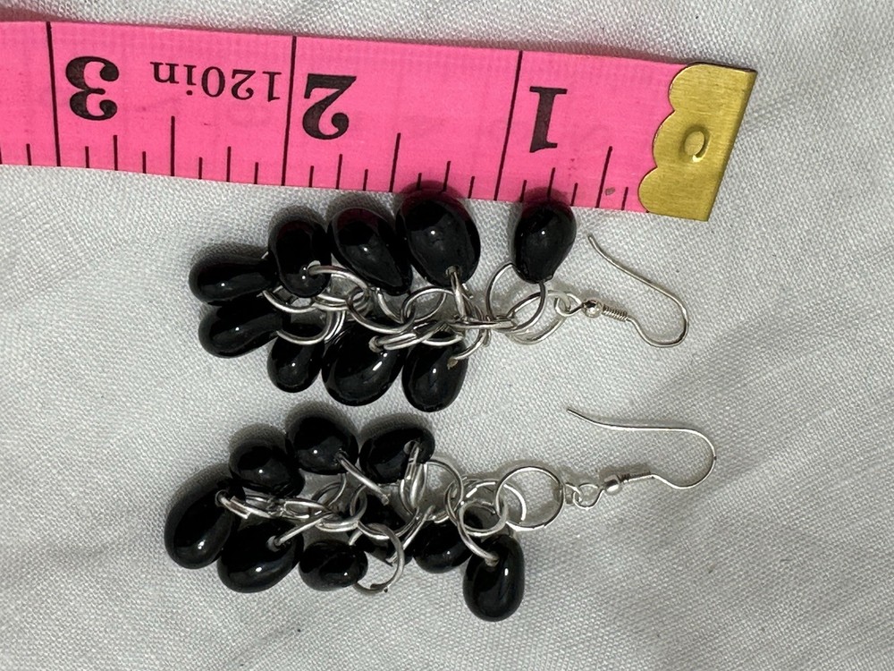 Black Cluster Round & Ball Beaded Hook Earrings Drop Dangle Silvertone & Black