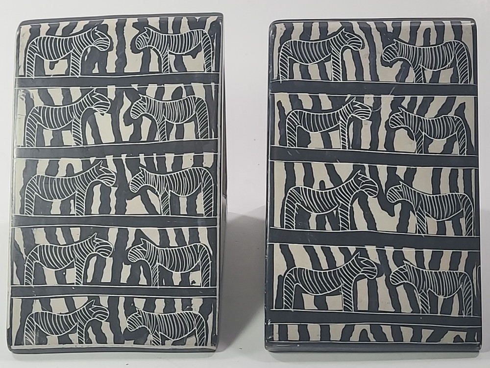 Zebra Pattern Bookends Hand Carved Besmo Stone Triangle Shape Kenya Book Ends
