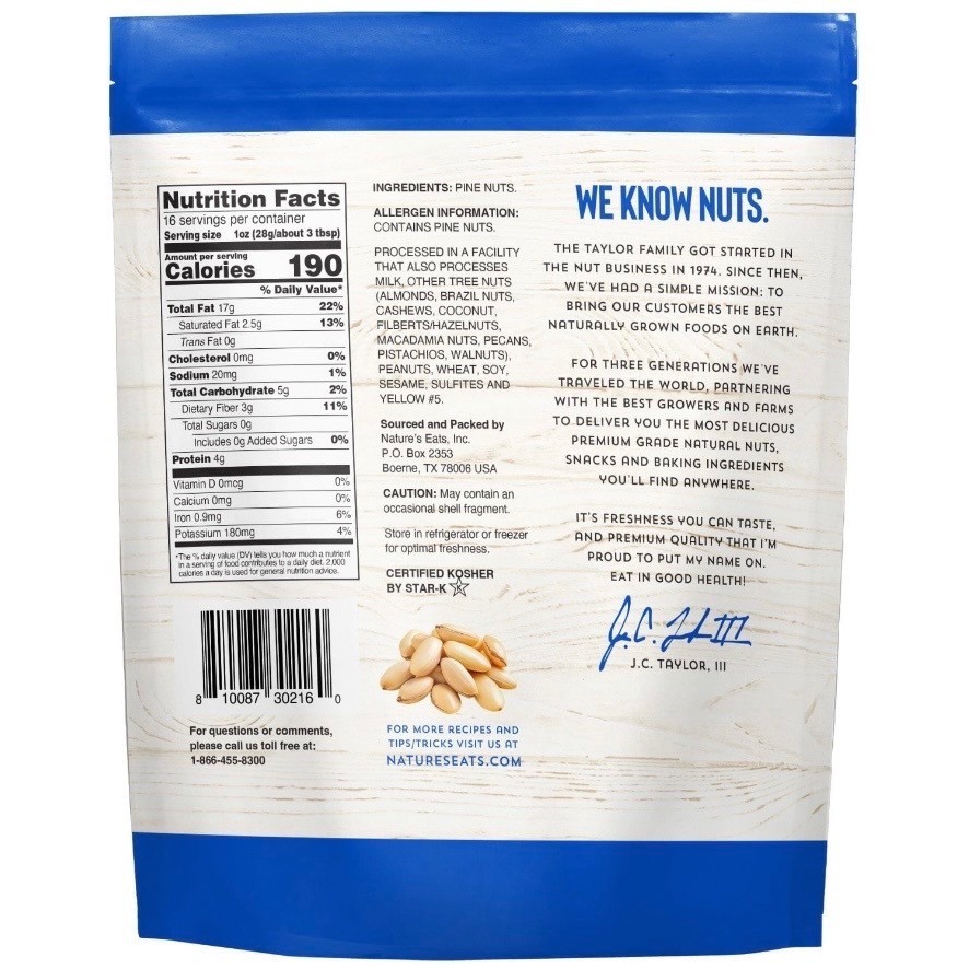 Nature’s Eats Pine Nuts Raw Premium Quality 16 oz Resealable Bag