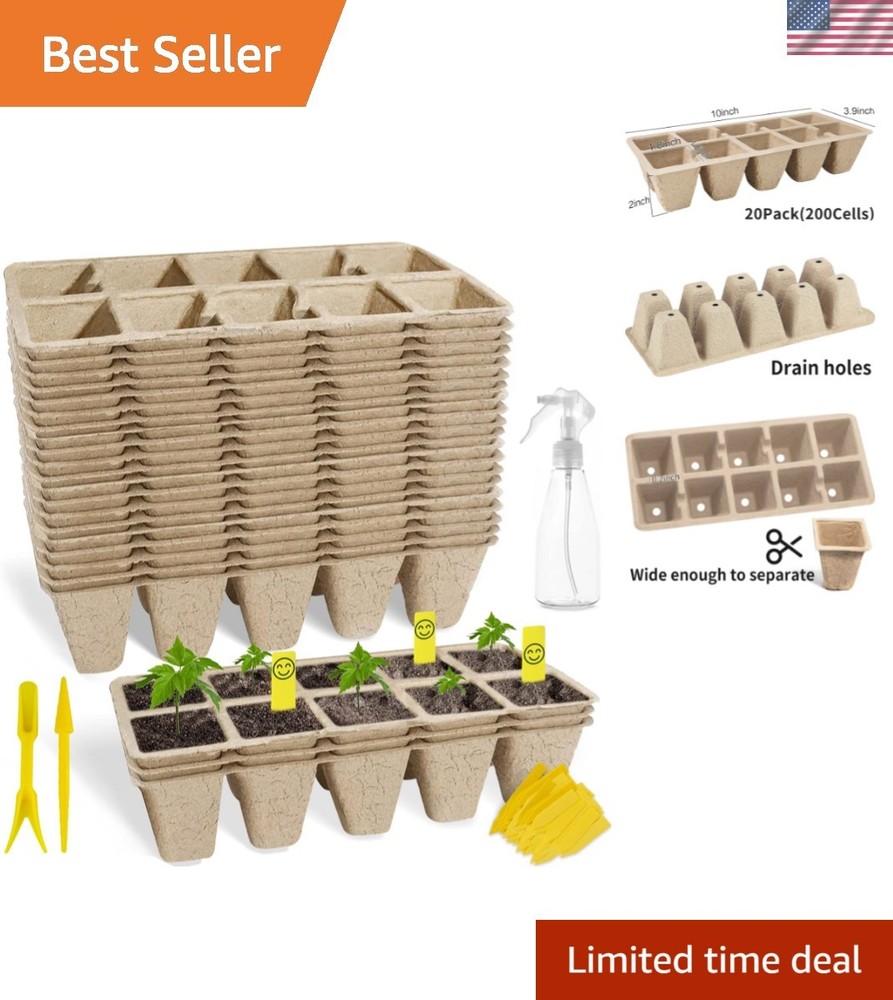 200 Cells Seed Starter Tray, 20 Pack Biodegradable Seed Starter Kit, Peat Pot...