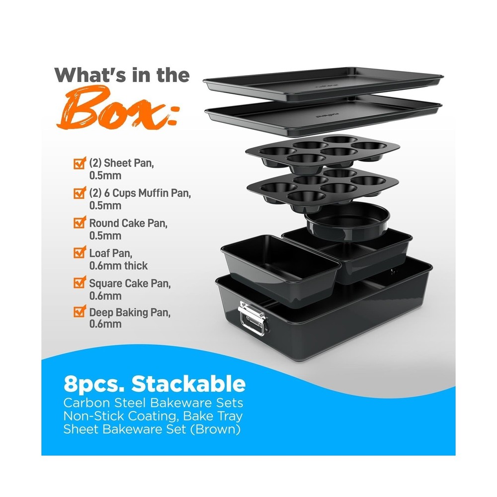 NutriChef 8-Piece Stackable Nonstick Bakeware Set - Premium Steel Baking Tray...