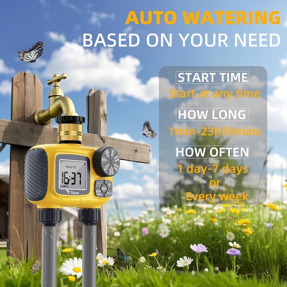 2 Zone Sprinkler Timer Outdoor w/ Brass Swivel Water Timer Automatic Controller