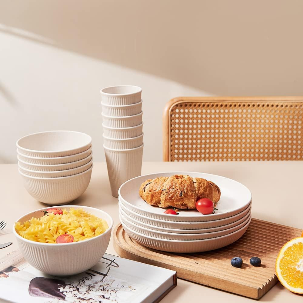 18Pcs Wheat Straw Dinnerware Sets Unbreakable Reusable Dinnerware Set Kitchen C