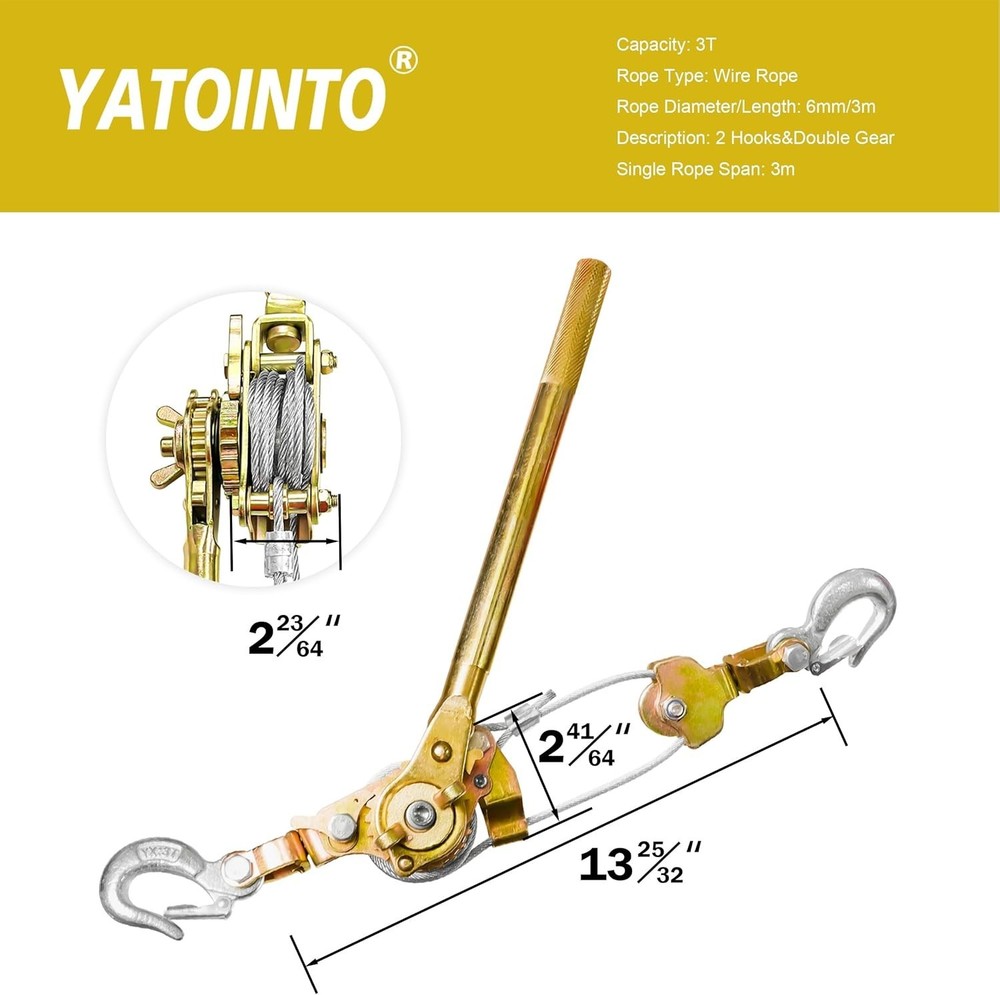 Come along Winch 3 Ton Cable Winch Puller Double Rope 10Ft Heavy Duty Hand Pulle