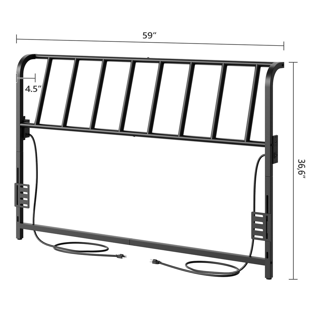 Queen Size Metal Headboard with Power Strips and Adjustable Angle