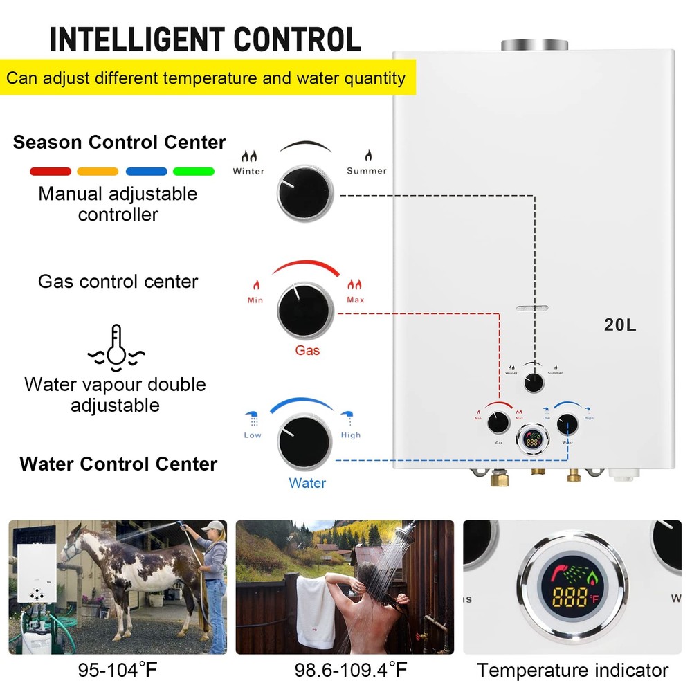 Tankless Water Heater Propane 5.26GPM 20L Outdoor Portable Gas Hot Water Heat...