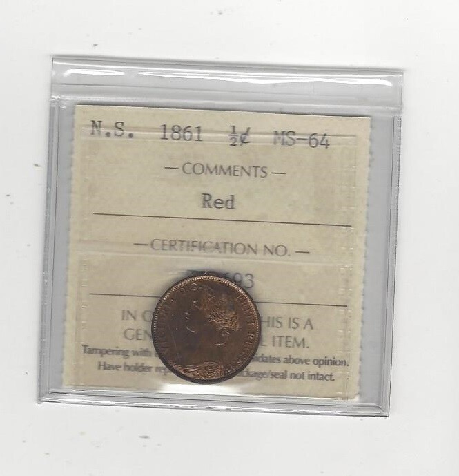 1861  ICCS Graded Nova Scotia,   ¢1/2 Half Cent, **MS-64**