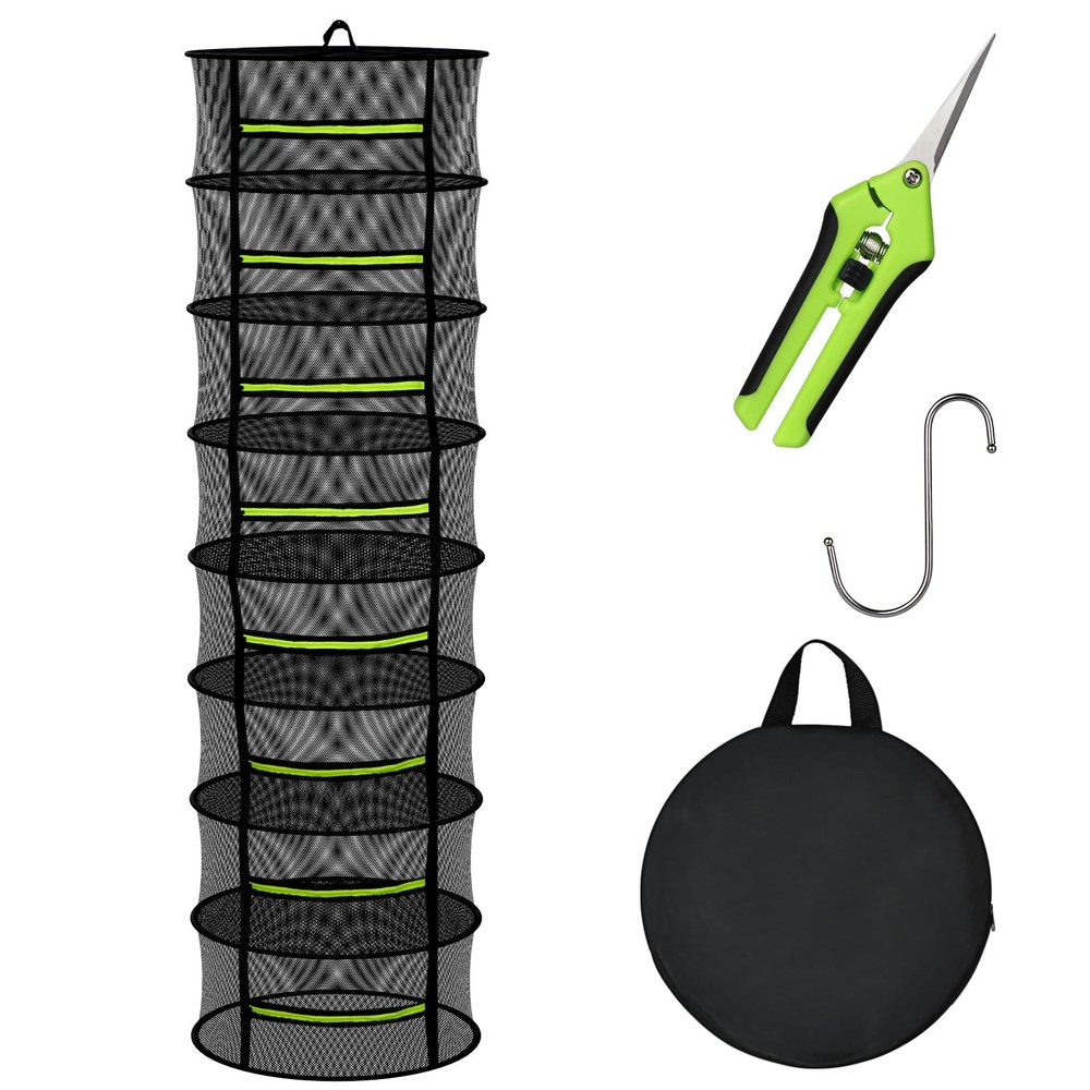 8 Layer Mesh Hanging Herb Drying Rack with Green Zipper Pruning Shears