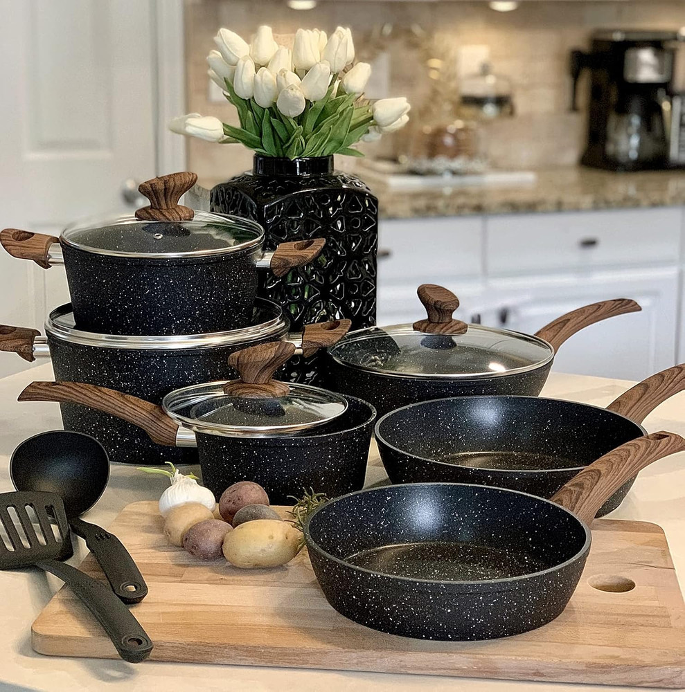 Kitchen Academy Induction 12 Piece Granite Black Nonstick Cookware Pan Set