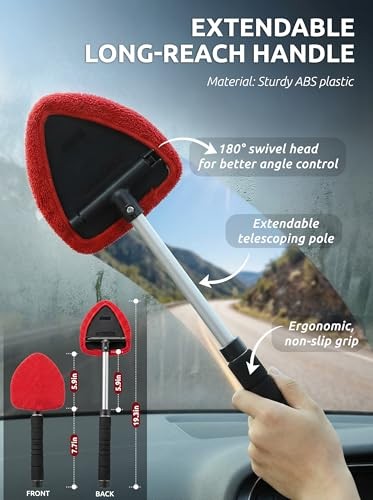Windshield Window Cleaner Tool, Extendable Long-Reach Handle, Black & Red