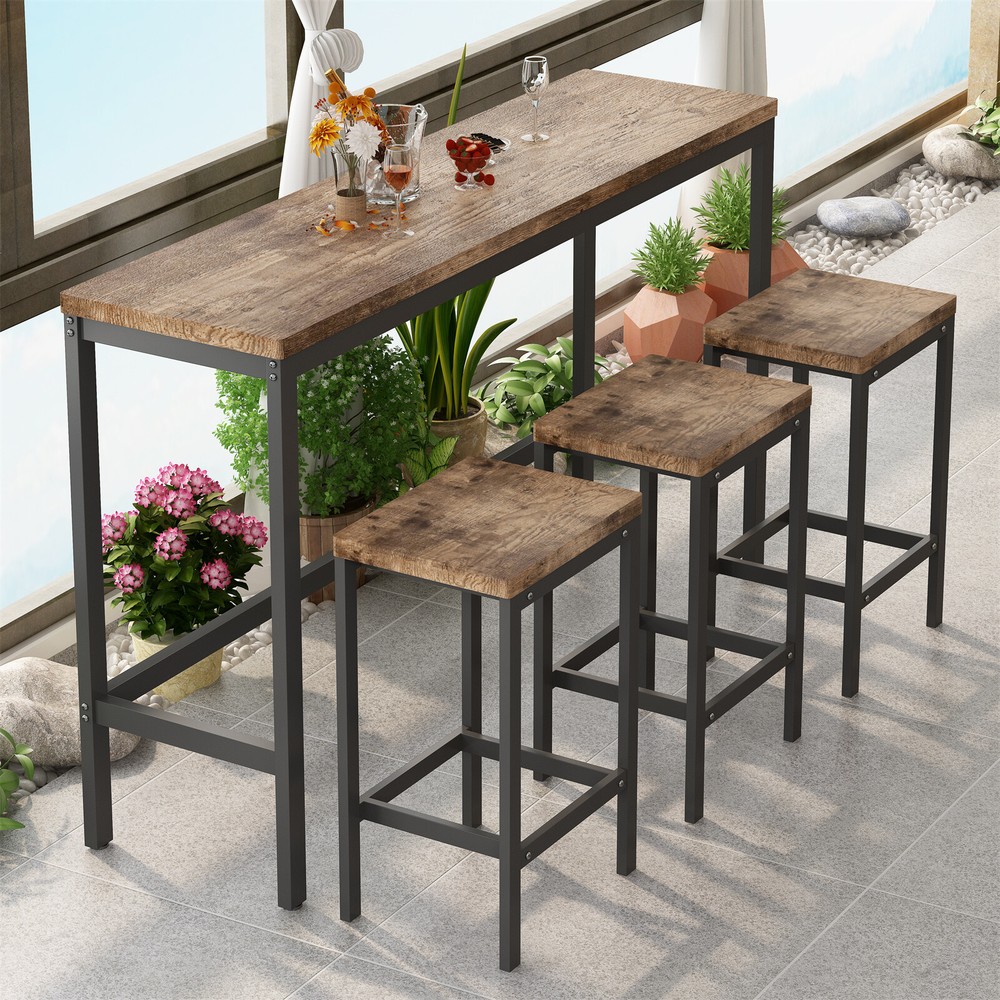 4 Piece Kitchen Table Set Long Dining Table Set with 3 Stools for Dining Room