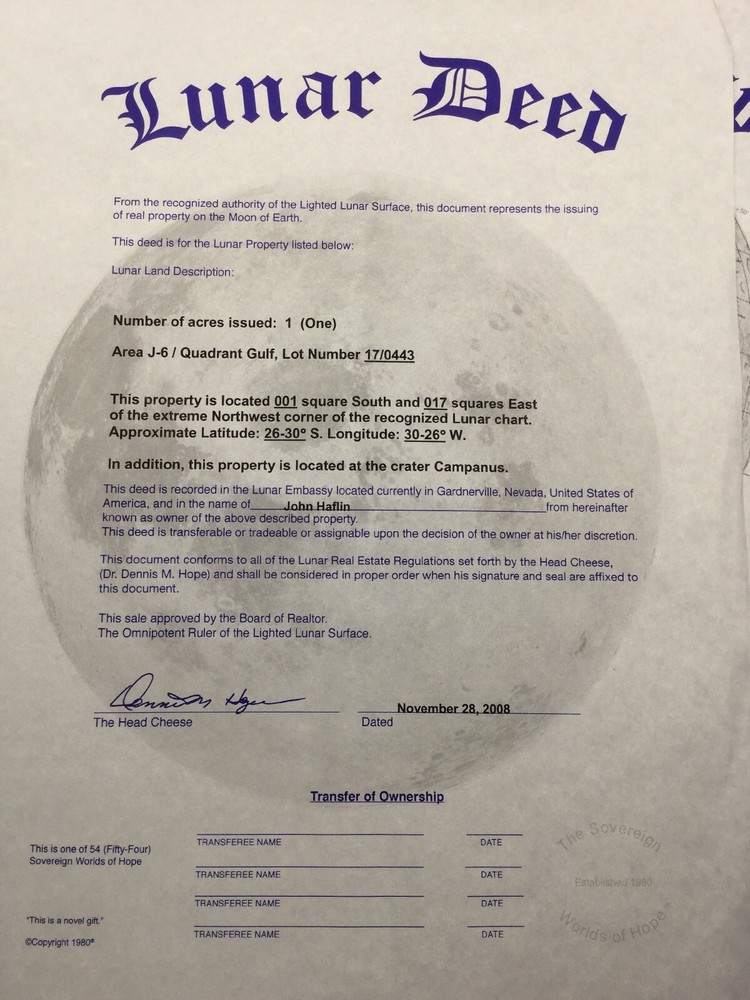 Original Signed Dated Lunar Deed Document Property Map And Codes 2008