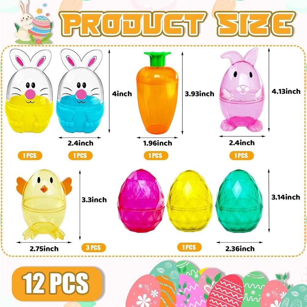 12 Pcs Fillable Easter Eggs Containers,Plastic Carrot Bunny Chick Shaped Easter