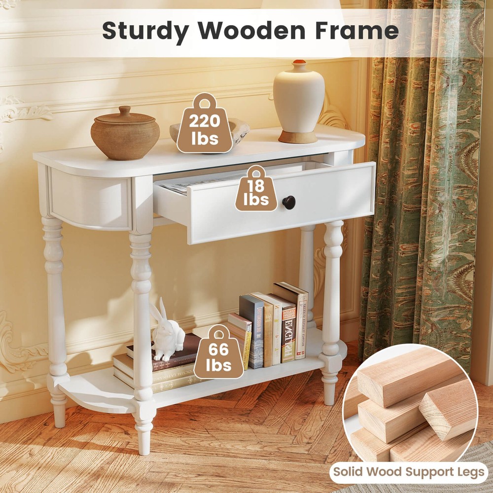 Retro Console Table 36"L Wooden Entryway Table with Storage Drawer & Open Shelf