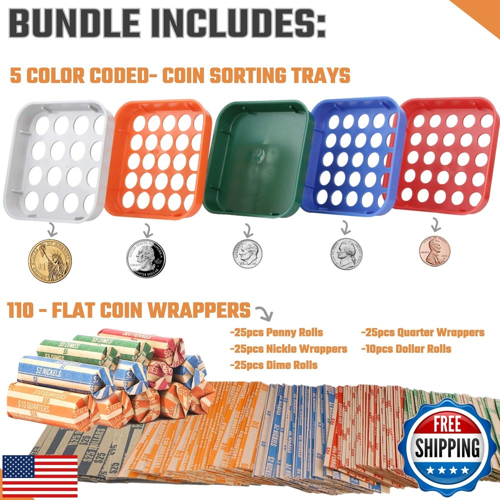 Coin Sorting Tray and Coin Separator- 5 Color-Coded Change Sorter Tray Bundle