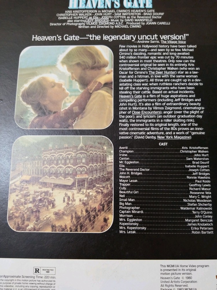 Heavens Gate RCA CED Videodisc Selectavision VTG Uncut Version