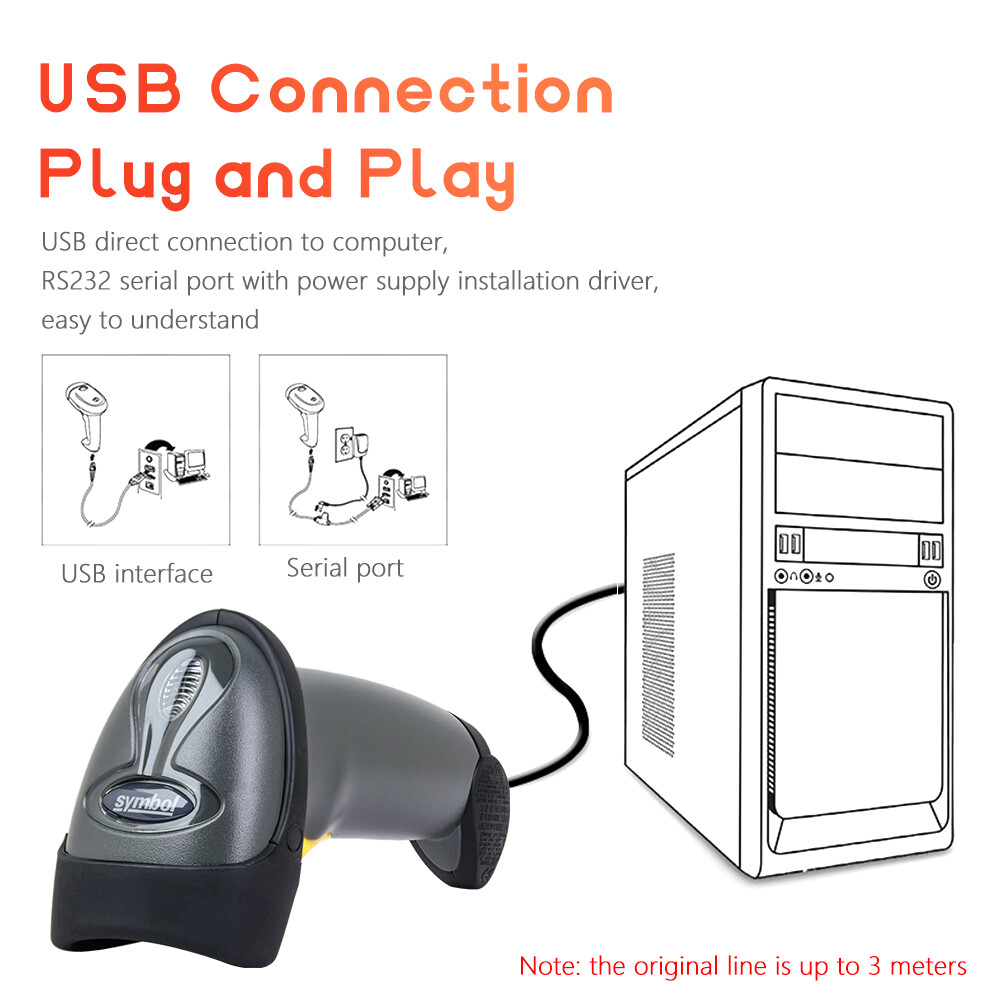 Zebra Symbol LS2208-SR20007R-NA 1D Laser Barcode Scanner w/Stand + USB Cable