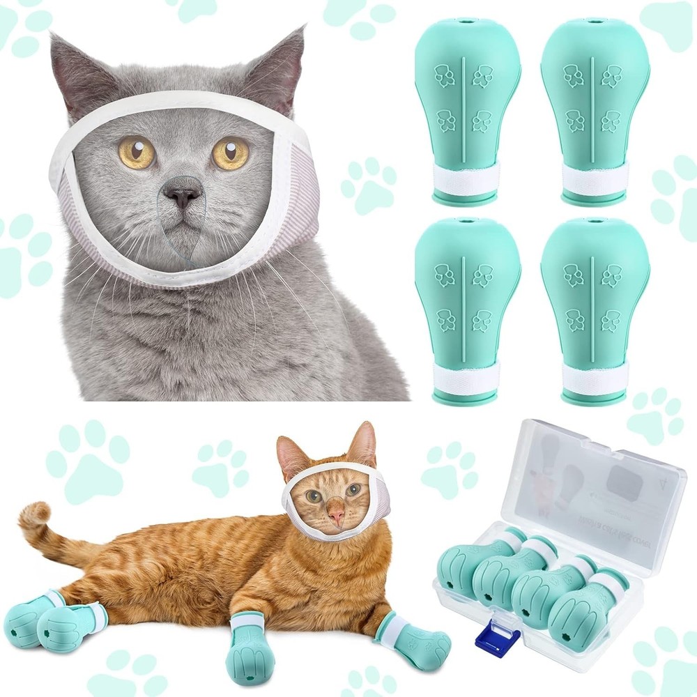 Cat Muzzle with Silicone Boots Breathable Face Guard Grooming Biting Prevention