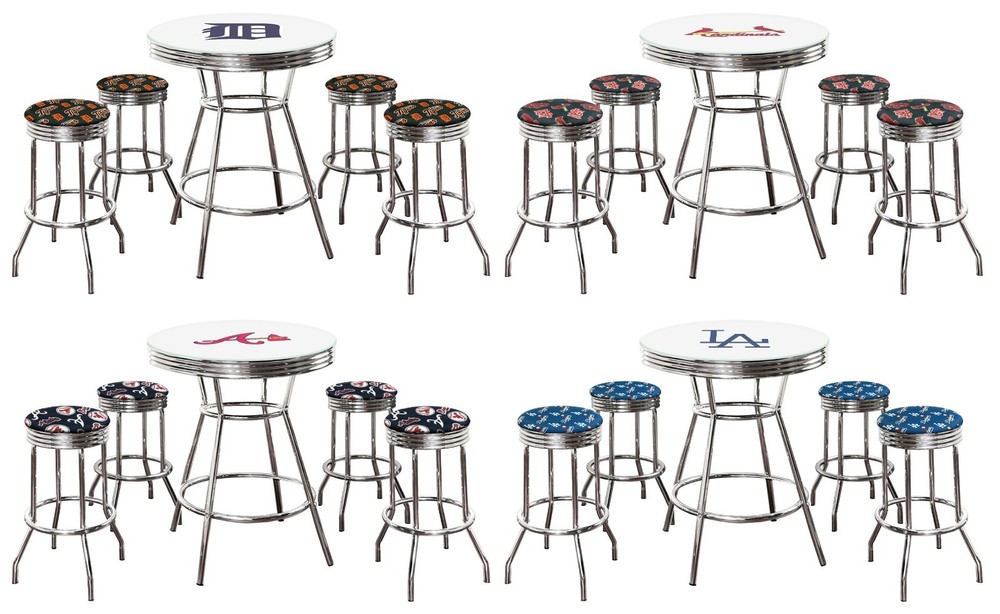 MLB 5PC White Pub Table Set Team Logo Decal Fabric Swivel Stools Glass Option