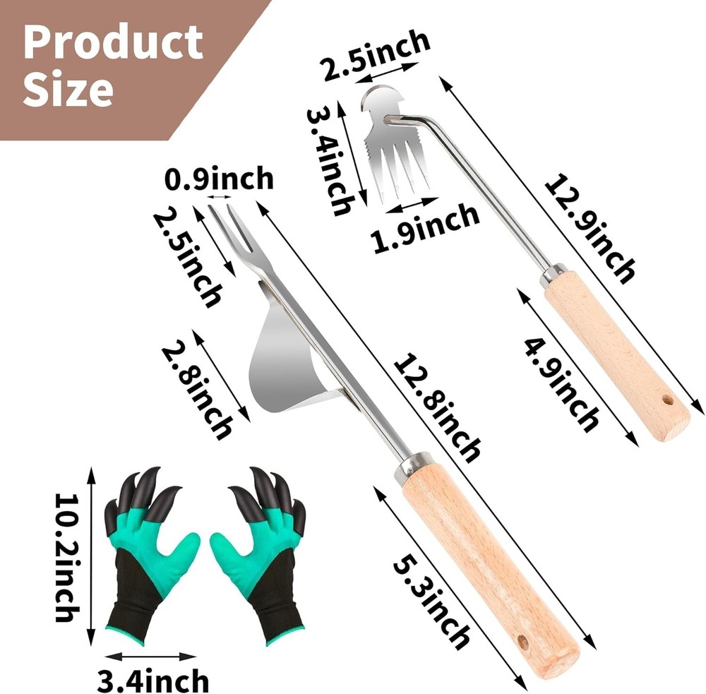Hand Weeder Tool, 4 Teeth Dual Purpose Weed PullerStainless Steel 3Pcs...