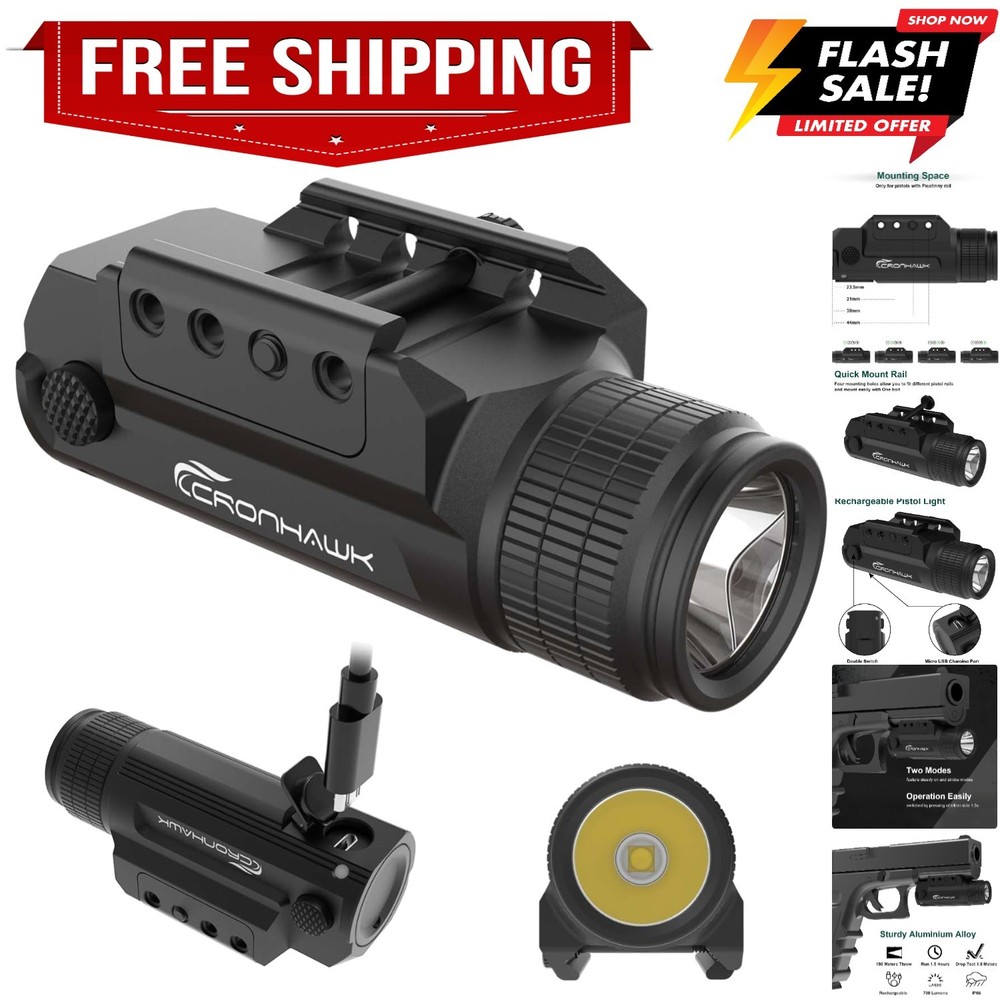 Pistol Flashlight Rechargeable 700 Lumen Rail Mounted Tactical Flashlight Com...