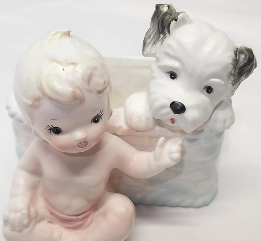 Ceramic Baby with Puppy Basket Planter