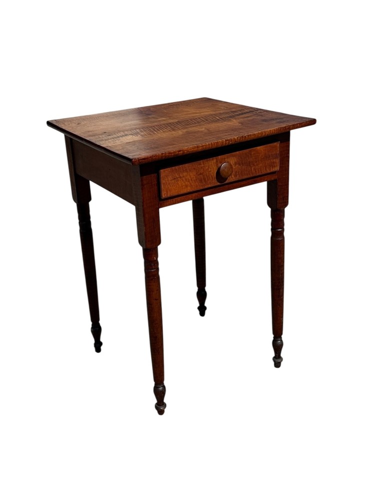 Antique tiger maple side table work stand 1 drawer sheraton 1820