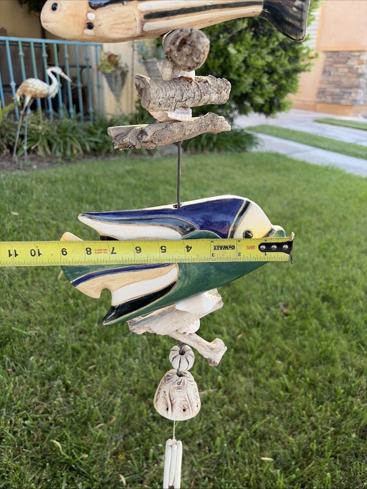 Hazel Olsen Attributed Driftwood Fish Pottery Shells Wind Chime Wall Hanging
