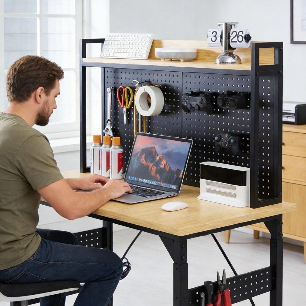 48" Adjustable Rolling Workbench w/ Pegboard Shelf AC/USB Outlet for Workshop