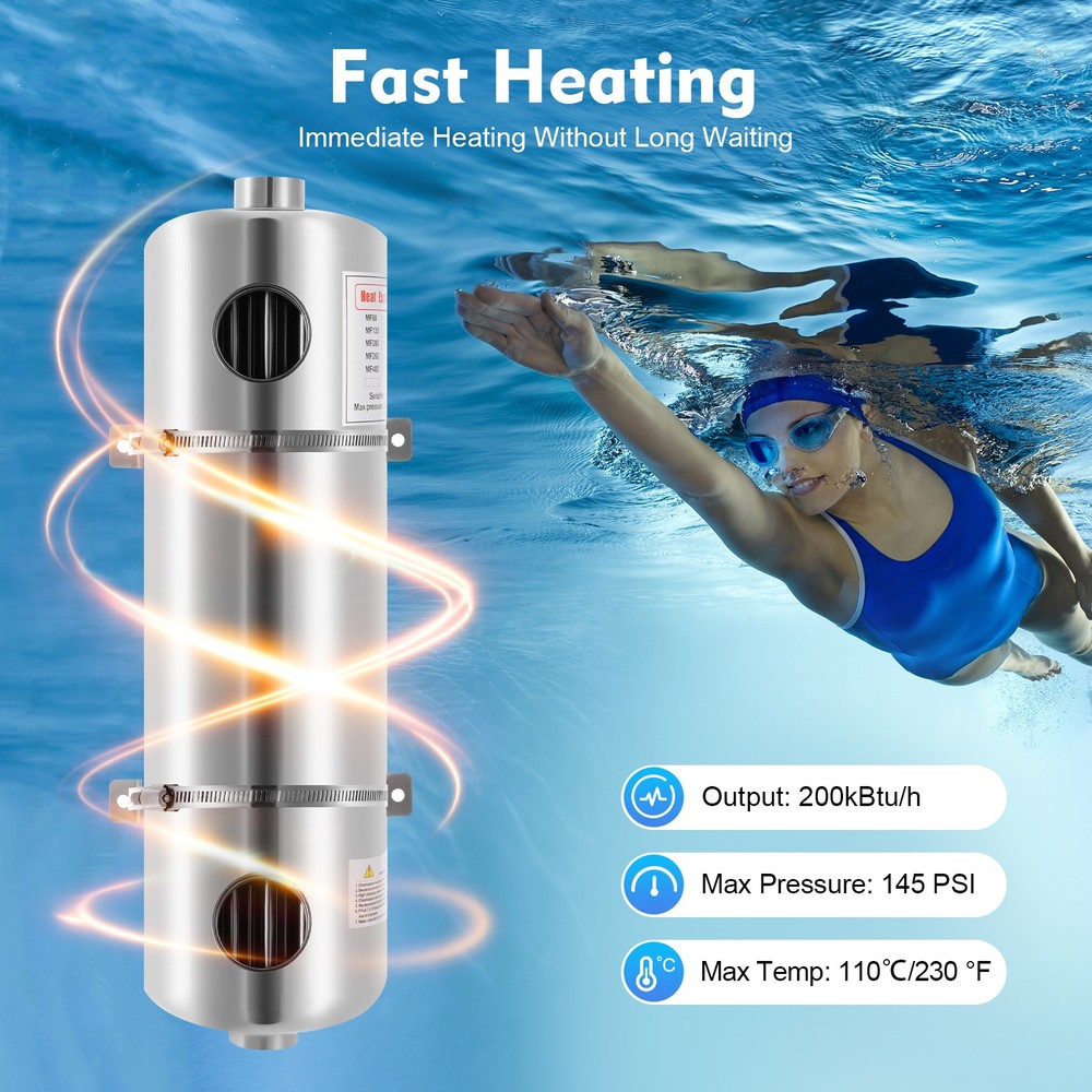 200KBTU Heat Exchanger 1INCH +1 1/2" FPT for Salt Water Swimming Pool Spa SS304
