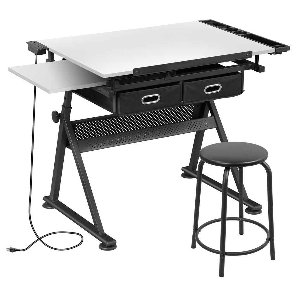Adjustable Drafting Table Tilting Drawing Desk w/Charging Station & Stool White