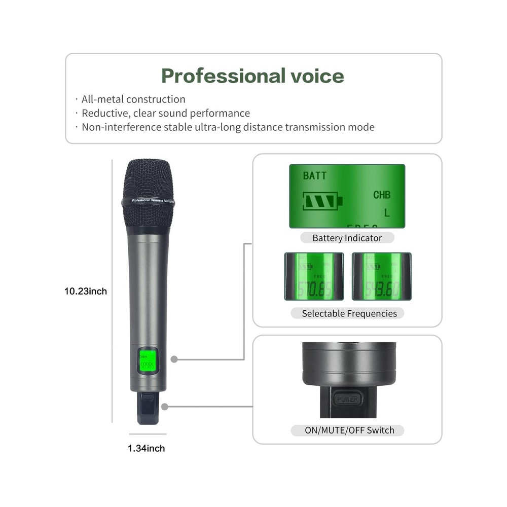 Profession Wireless Microphone System, UHF Handheld Dual Cordless Mic True Di...