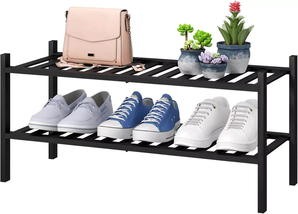 2-Tier Black Bamboo Shoe Rack for Entryway, Stackable | Foldable | Natural, Shoe