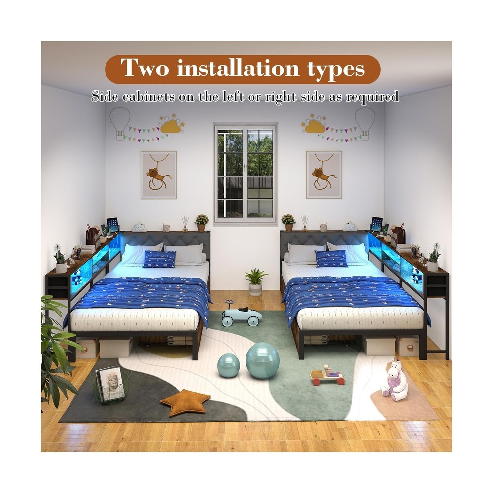 Twin Corner Bed Frame with Storage Bookcase and LED Lights, Twin Size Daybed ...
