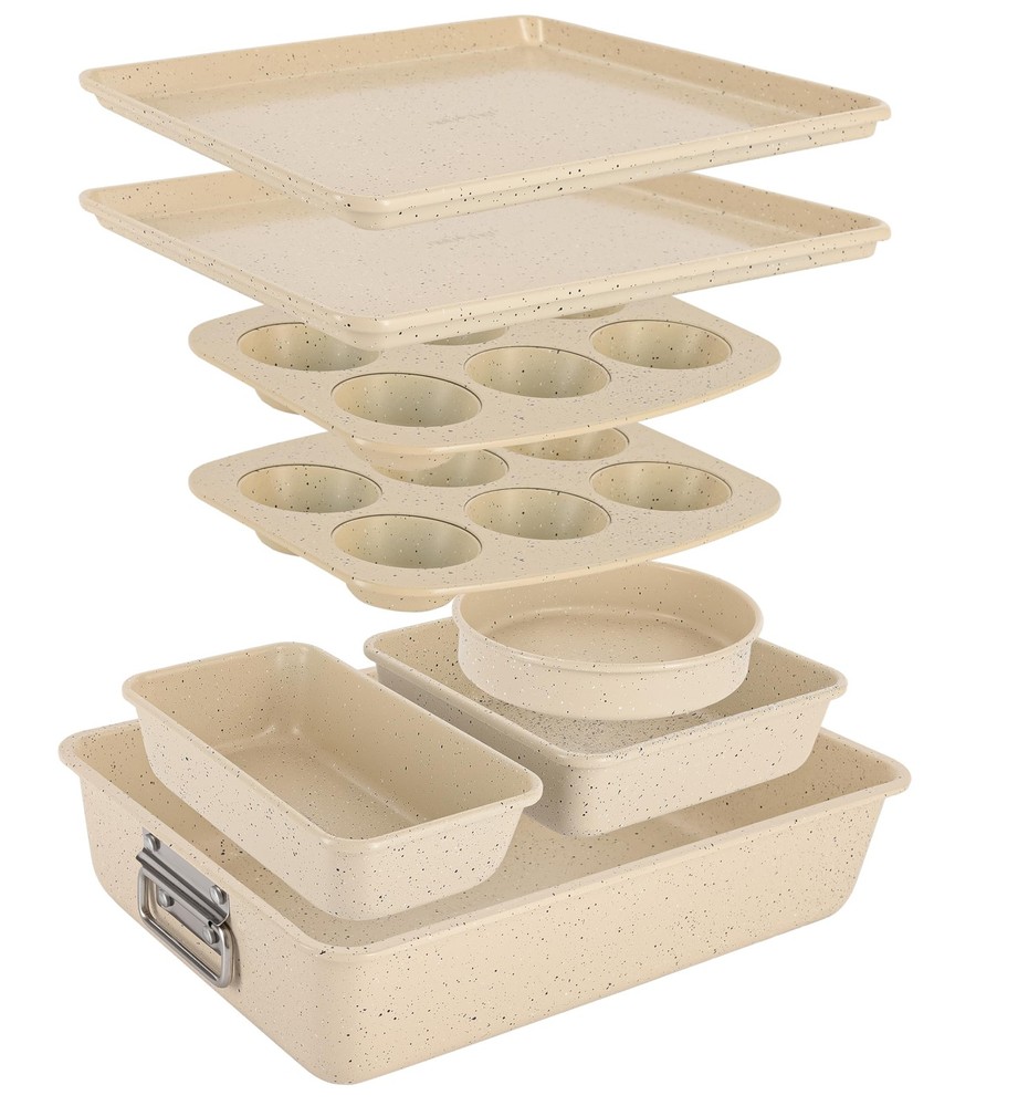 NutriChef 8-Piece Stackable Bakeware Set - (Marble Cream)