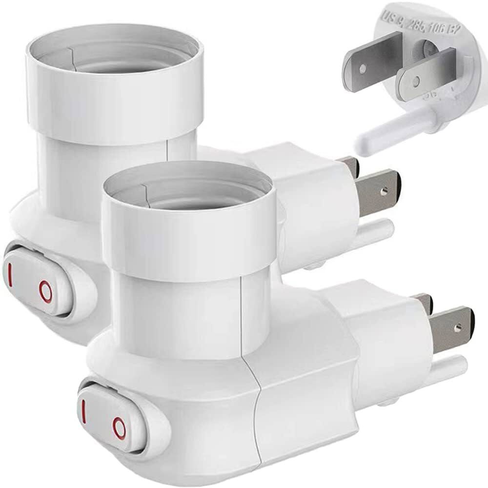 2 Pack Plug in Light Socket with On/Off Switch E27/E26 Outlet to Socket Adapter