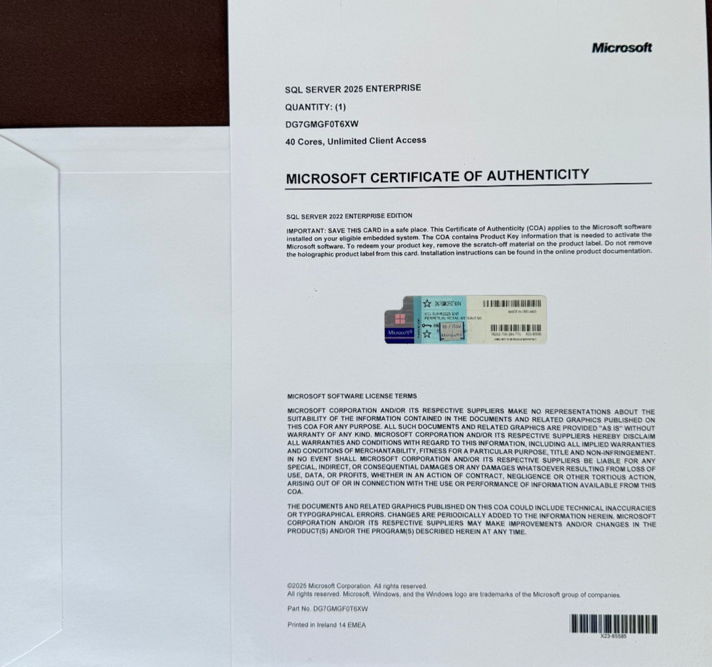 Microsoft SQL Server 2025 ENTERPRISE 40 Core Unlimited User CALs CoA Authentic