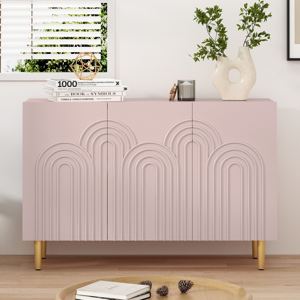 Wood Accent Storage Cabinet with Storage and 3 Doors 47" with Relief Patterned