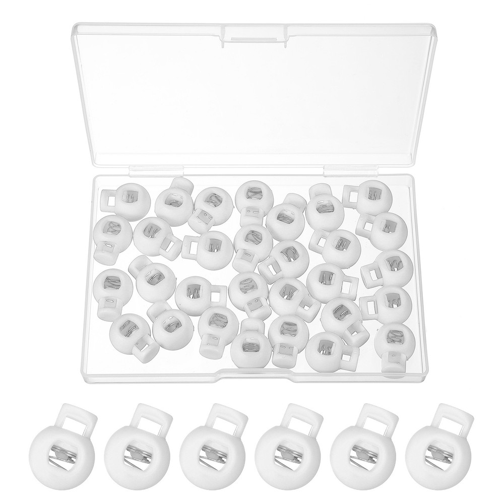 30Pcs Round Cord Lock Single Hole Spring Loaded Toggle Stoppers with Box White
